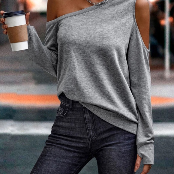 One Shoulder Thumbhole Sleeve Top - Picture 3 of 8